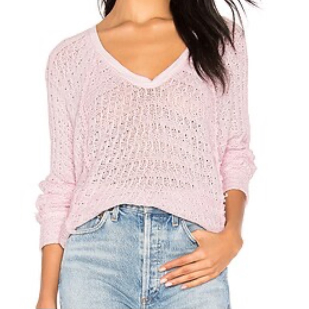 Free People Light Pink Open-Knit V-Neck Sweater